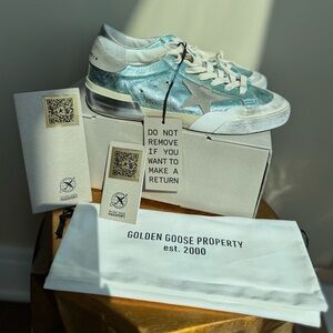 NWT Golden Goose Superstar Vintage Laminated Sneaker, Mint/teal metallic, Size 9